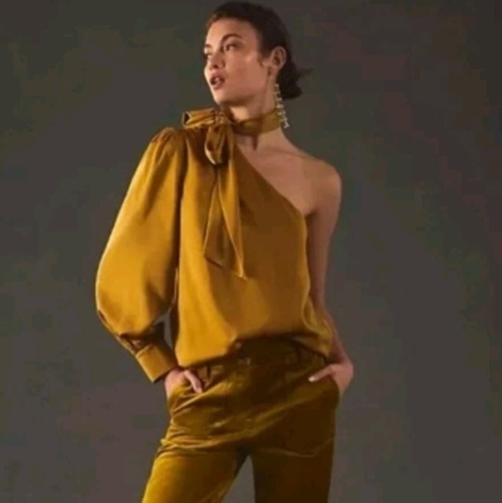 Anthro Sunday in Brooklyn Gold One Sleeve Blouse Top XL Cocktail Party Holiday